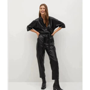 Women’s Black Leather Jumpsuit with Spread Collar