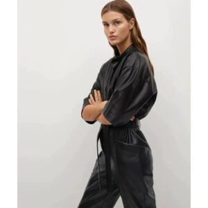 Women’s Black Leather Jumpsuit with Spread Collar