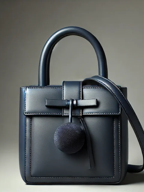 Square-Shaped Navy Blue Handbag with Hanging Ball