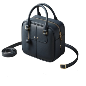 Square-Shaped Navy Blue Handbag with Hanging Small Leather Ball